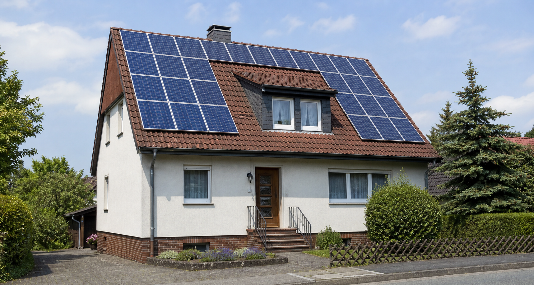 Klassische PV-Anlage mit blauen Modulen auf Ziegeldach